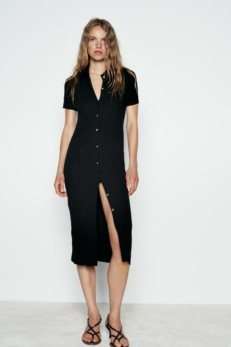 RIBBED POLO COLLAR DRESS WITH BUTTONS