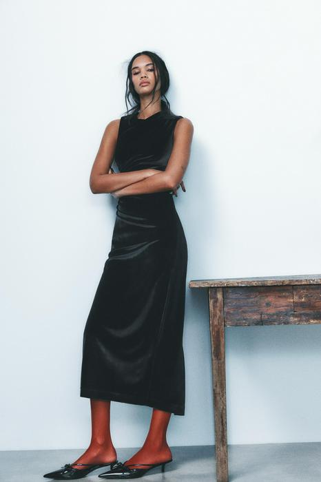 DRAPED VELVET MIDI DRESS