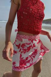 MINI PAREO SKIRT WITH FRETWORK AND FLORAL PRINT