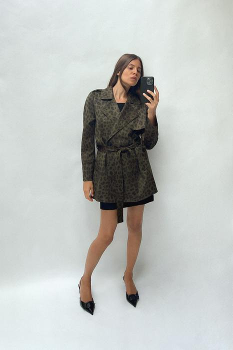 SHORT ANIMAL PRINT FAUX SUEDE TRENCH COAT