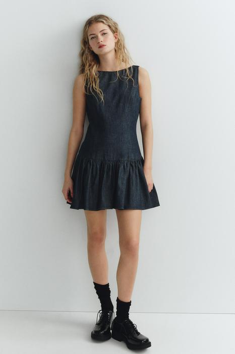 SHORT DENIM-EFFECT DRESS WITH RUFFLES