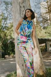 SATIN TROPICAL PRINT TROUSERS