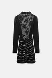 LACE-TRIMMED VELVET MINI DRESS