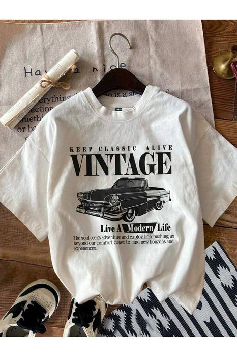 Beyaz Vintage Baskılı T-shirt