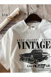 Beyaz Vintage Baskılı T-shirt